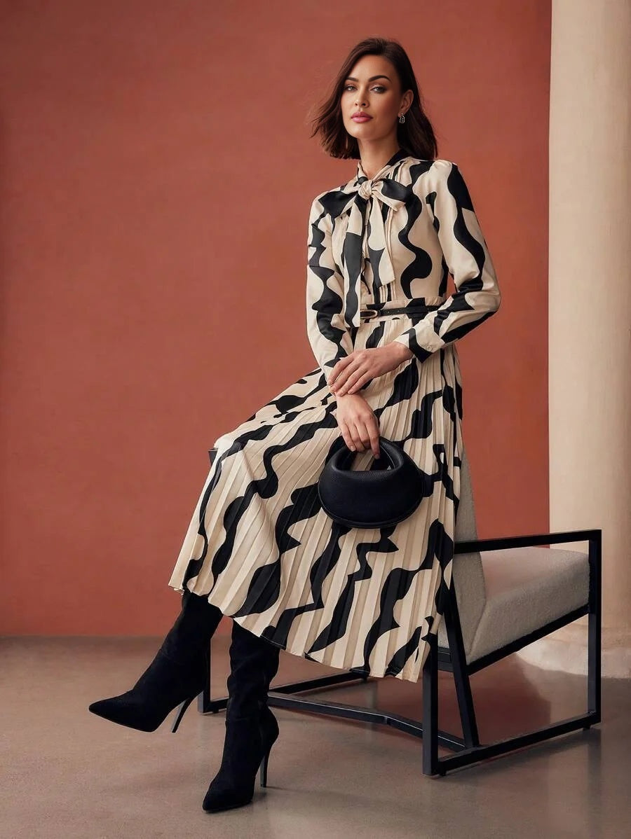 PREMIUM ALLOVER PRINT TIE NECK PUFF SLEEVE PLEATED HEM LONG DRESS WITHOUT BELT WOMEN OUTFIT