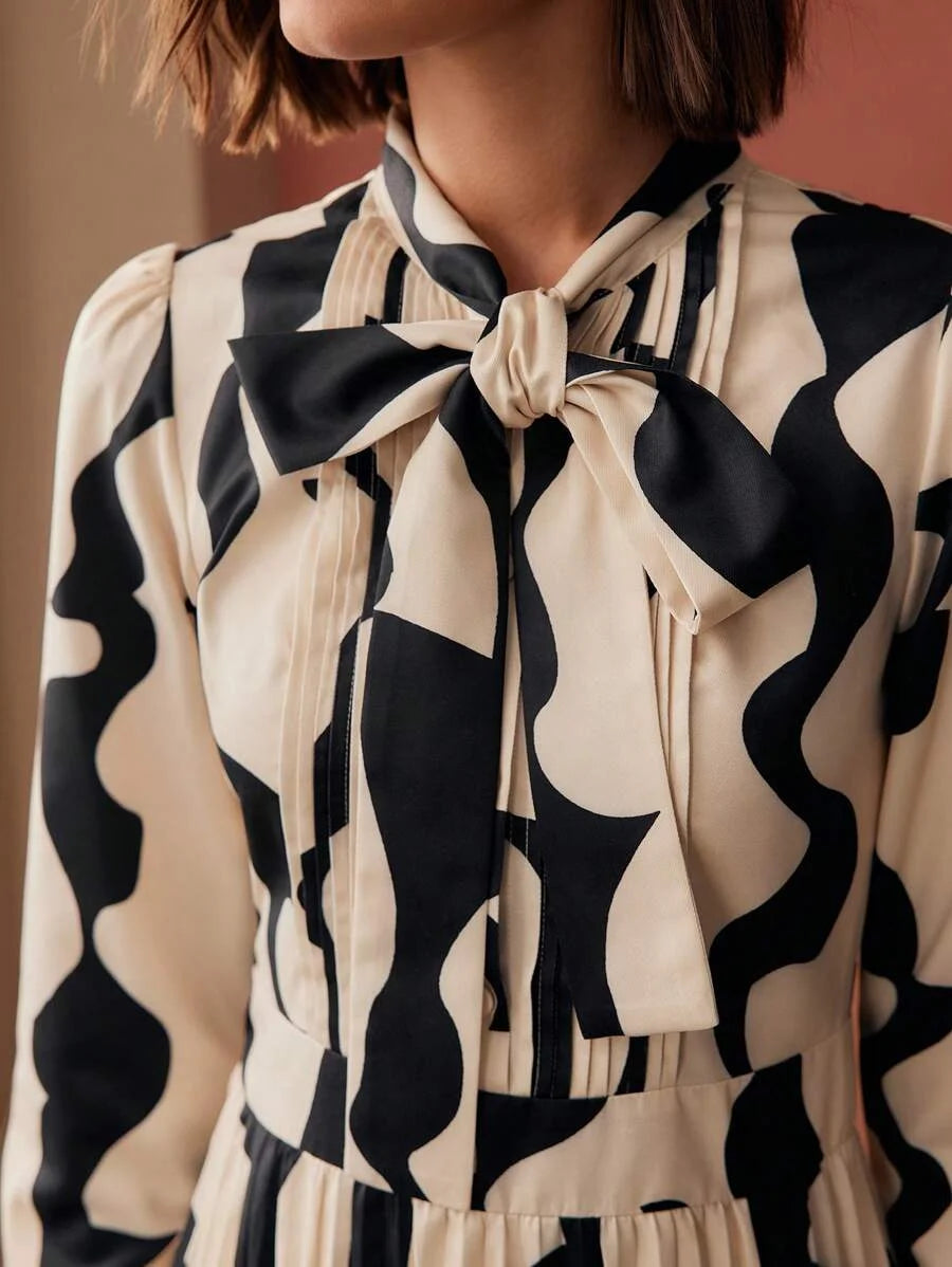 PREMIUM ALLOVER PRINT TIE NECK PUFF SLEEVE PLEATED HEM LONG DRESS WITHOUT BELT WOMEN OUTFIT