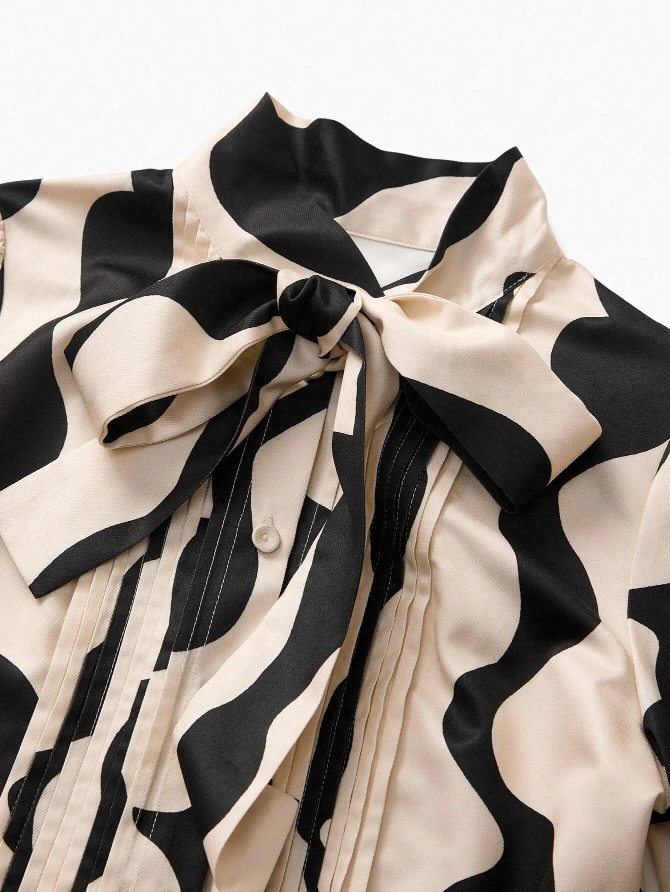 PREMIUM ALLOVER PRINT TIE NECK PUFF SLEEVE PLEATED HEM LONG DRESS WITHOUT BELT WOMEN OUTFIT