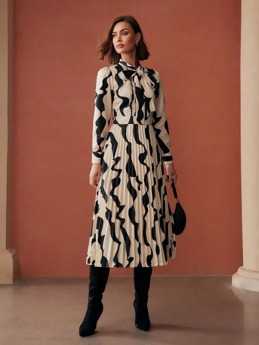 PREMIUM ALLOVER PRINT TIE NECK PUFF SLEEVE PLEATED HEM LONG DRESS WITHOUT BELT WOMEN OUTFIT