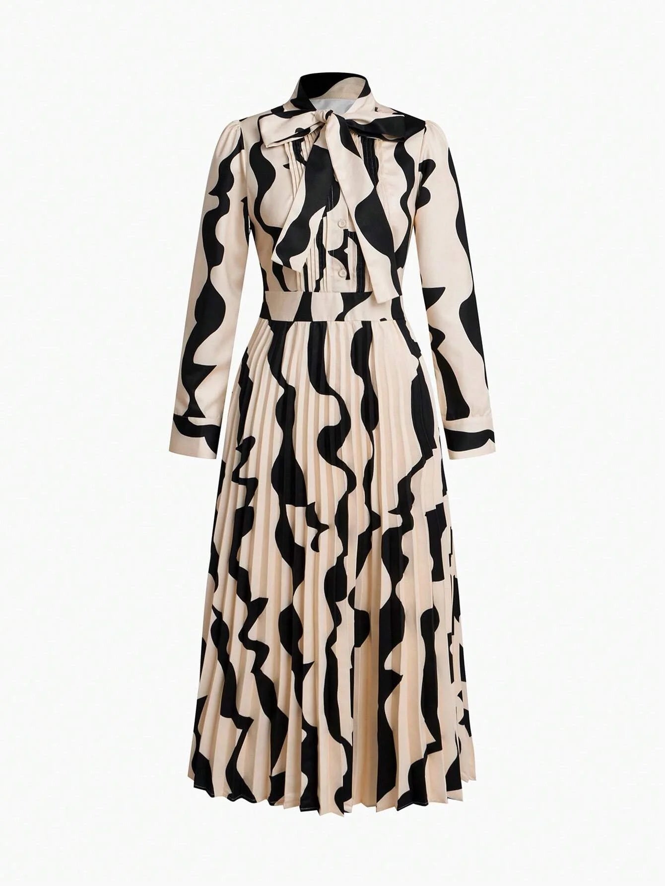 PREMIUM ALLOVER PRINT TIE NECK PUFF SLEEVE PLEATED HEM LONG DRESS WITHOUT BELT WOMEN OUTFIT