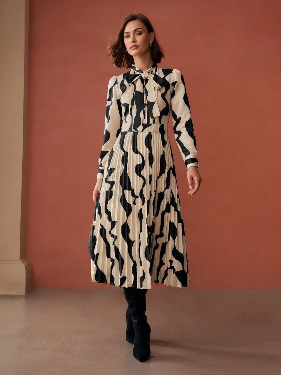 PREMIUM ALLOVER PRINT TIE NECK PUFF SLEEVE PLEATED HEM LONG DRESS WITHOUT BELT WOMEN OUTFIT