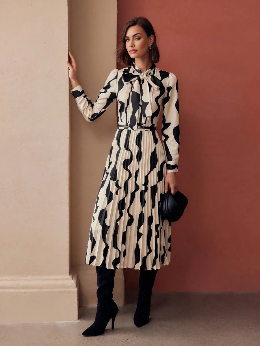 PREMIUM ALLOVER PRINT TIE NECK PUFF SLEEVE PLEATED HEM LONG DRESS WITHOUT BELT WOMEN OUTFIT