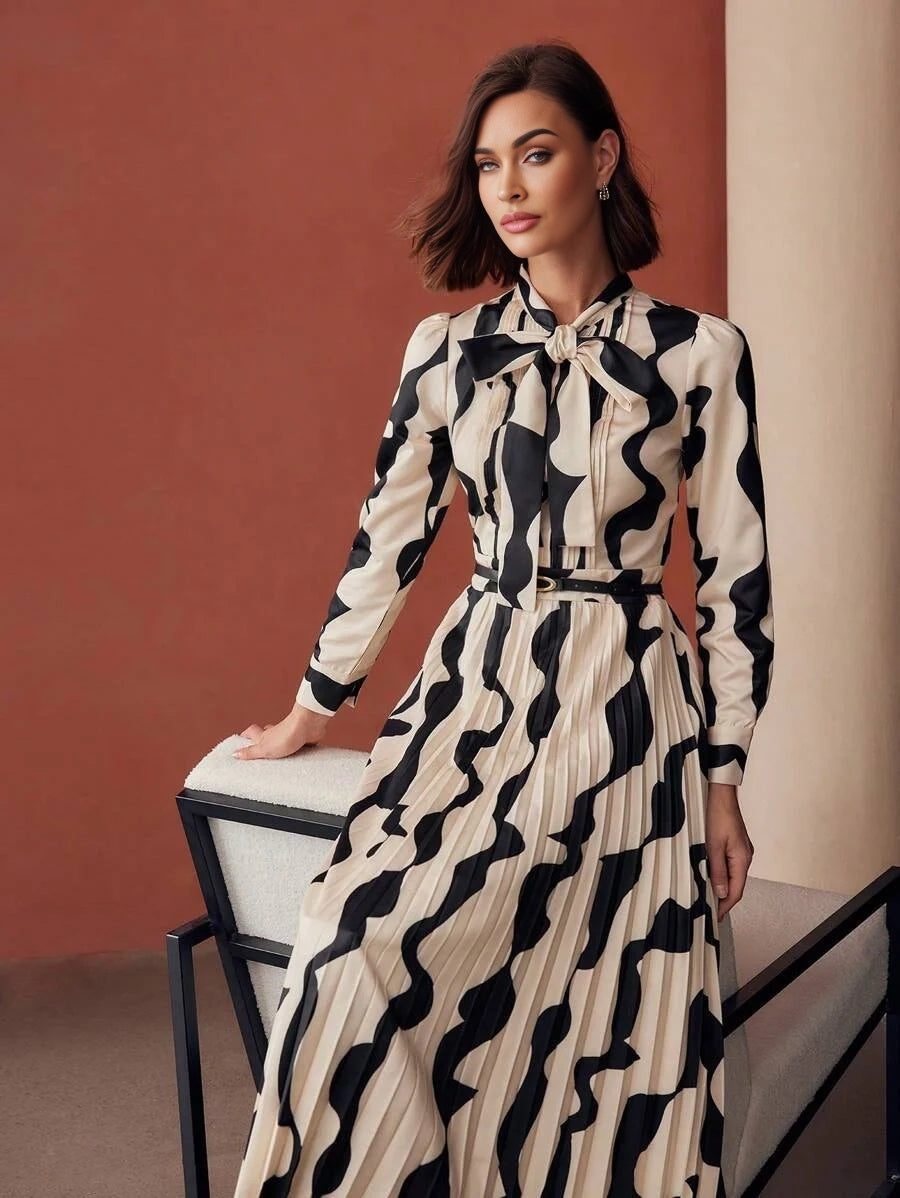 PREMIUM ALLOVER PRINT TIE NECK PUFF SLEEVE PLEATED HEM LONG DRESS WITHOUT BELT WOMEN OUTFIT