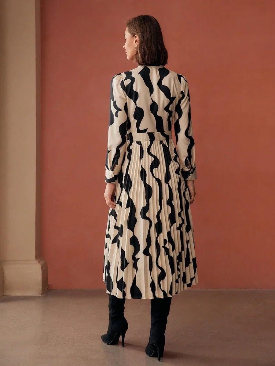 PREMIUM ALLOVER PRINT TIE NECK PUFF SLEEVE PLEATED HEM LONG DRESS WITHOUT BELT WOMEN OUTFIT