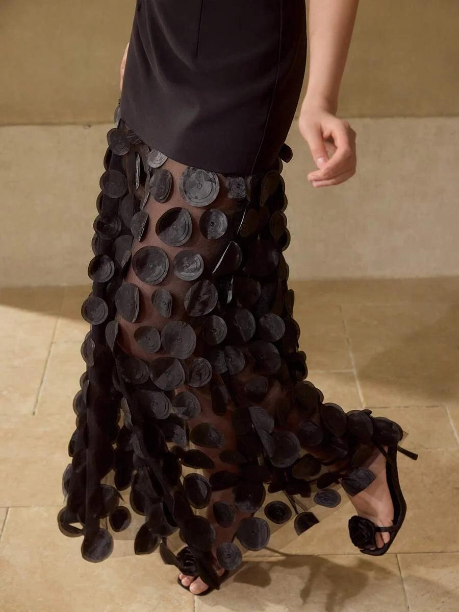 PREMIUM APPLIQUES MESH PANEL HEM CHAIN WAIST TUBE COCKTAIL DRESS