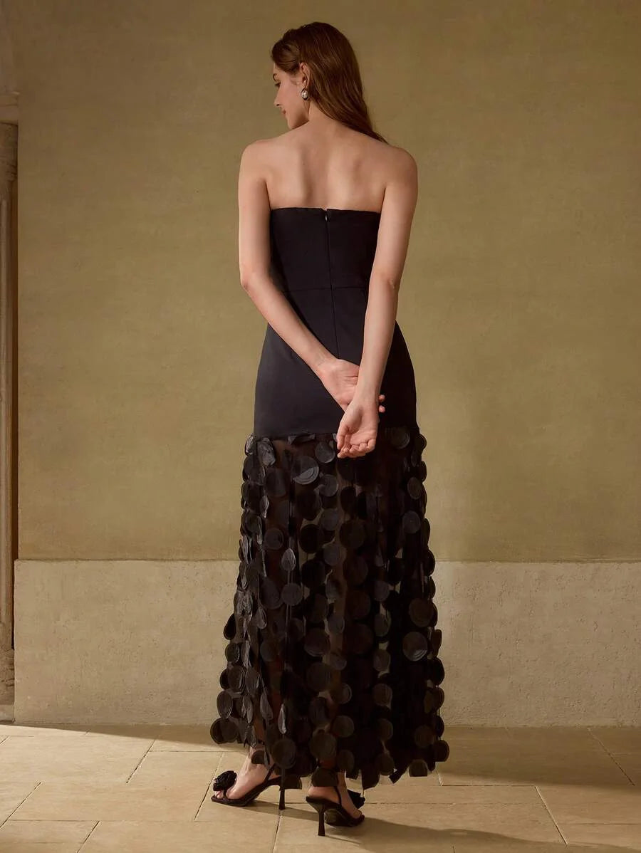 PREMIUM APPLIQUES MESH PANEL HEM CHAIN WAIST TUBE COCKTAIL DRESS