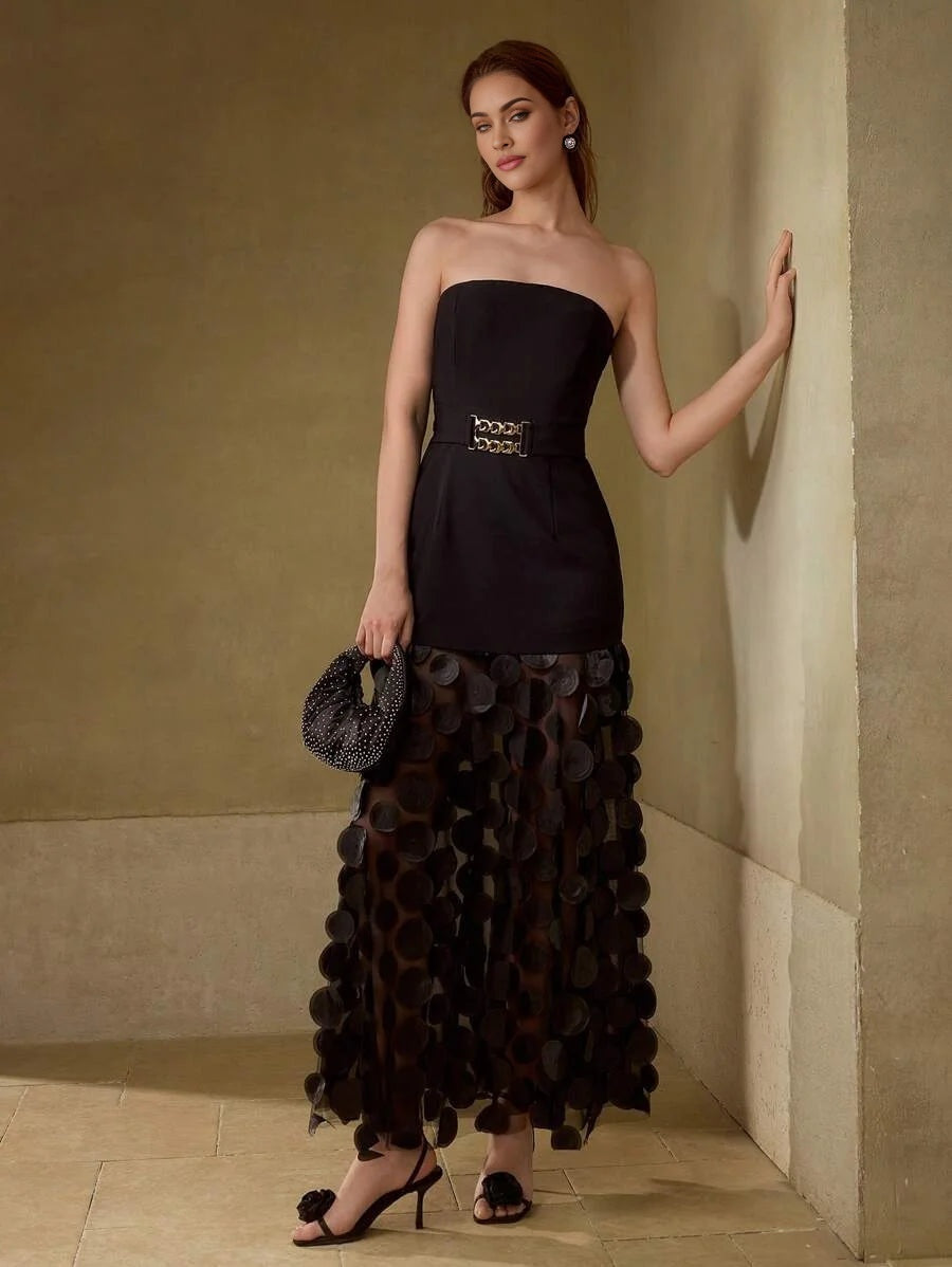 PREMIUM APPLIQUES MESH PANEL HEM CHAIN WAIST TUBE COCKTAIL DRESS