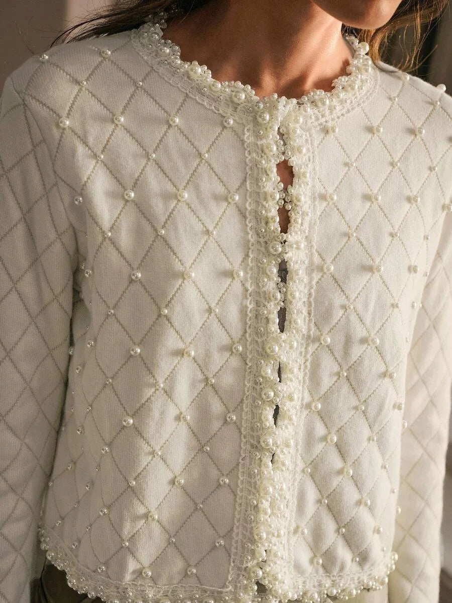 PREMIUM ARGYLE PATTERN FAUX PEARLS CARDIGAN