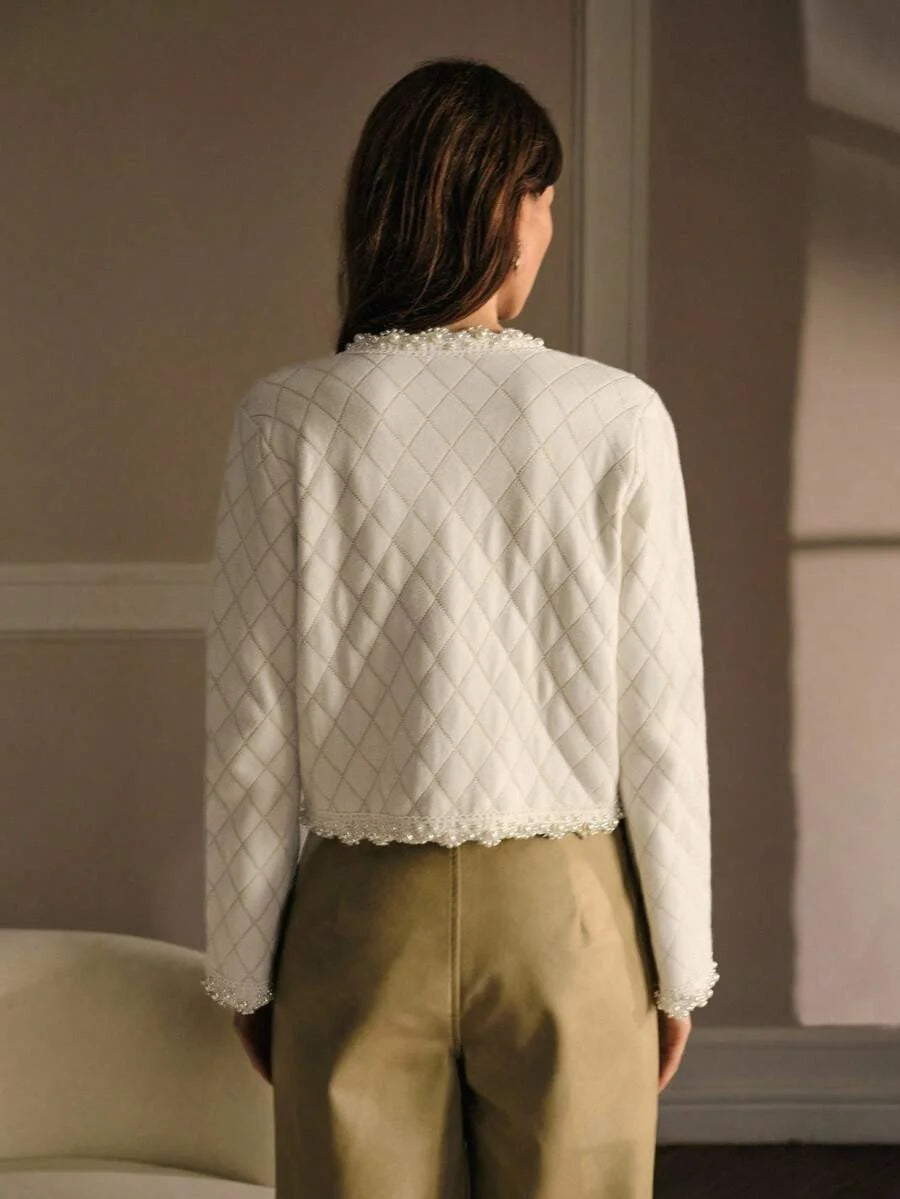 PREMIUM ARGYLE PATTERN FAUX PEARLS CARDIGAN