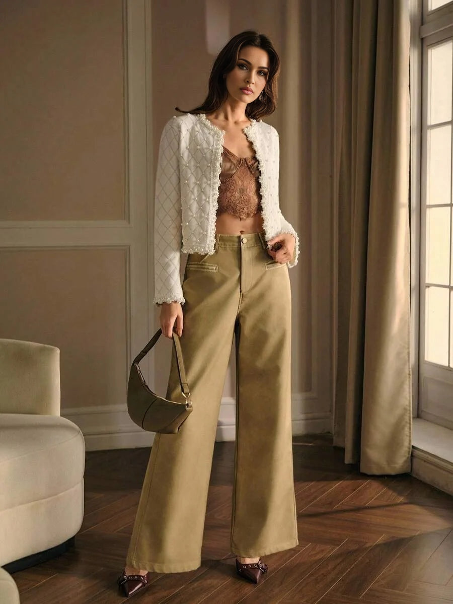 PREMIUM ARGYLE PATTERN FAUX PEARLS CARDIGAN