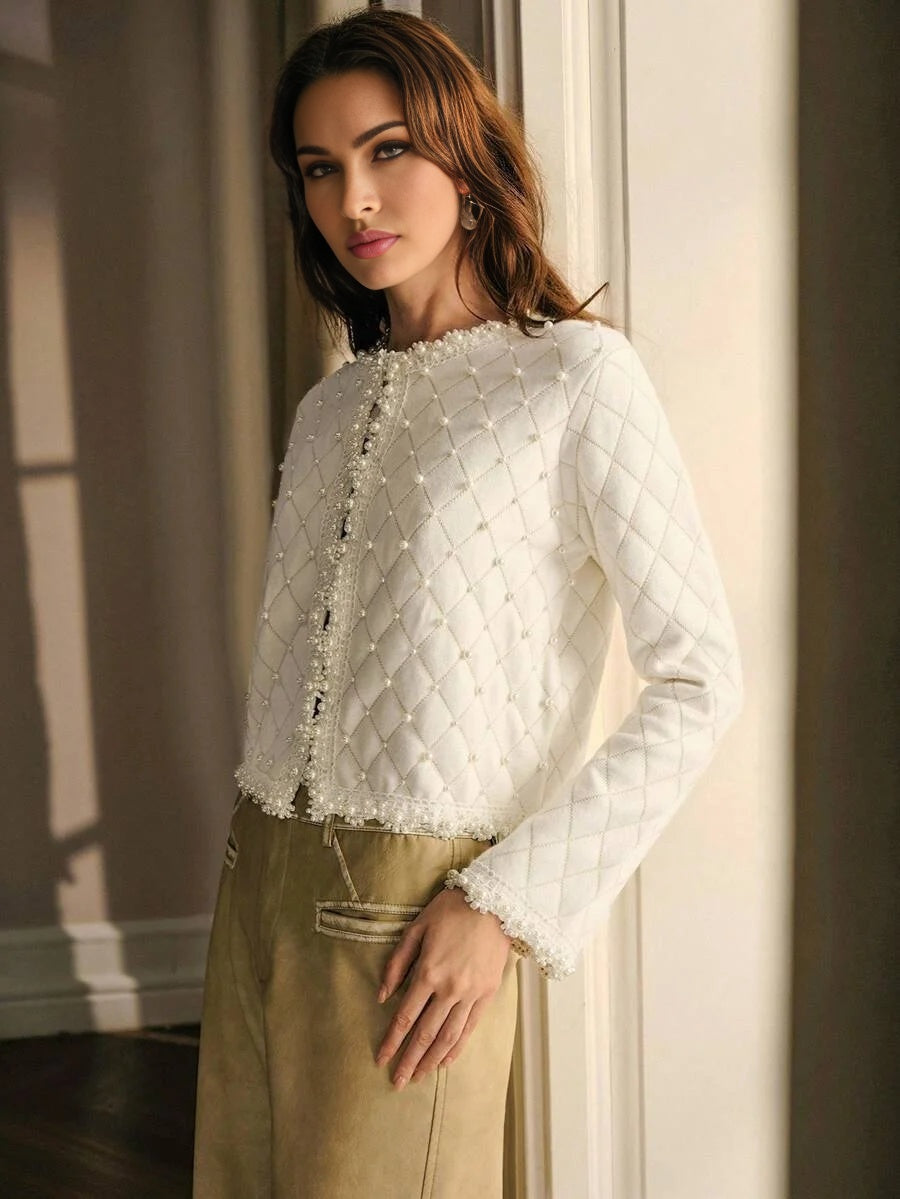 PREMIUM ARGYLE PATTERN FAUX PEARLS CARDIGAN