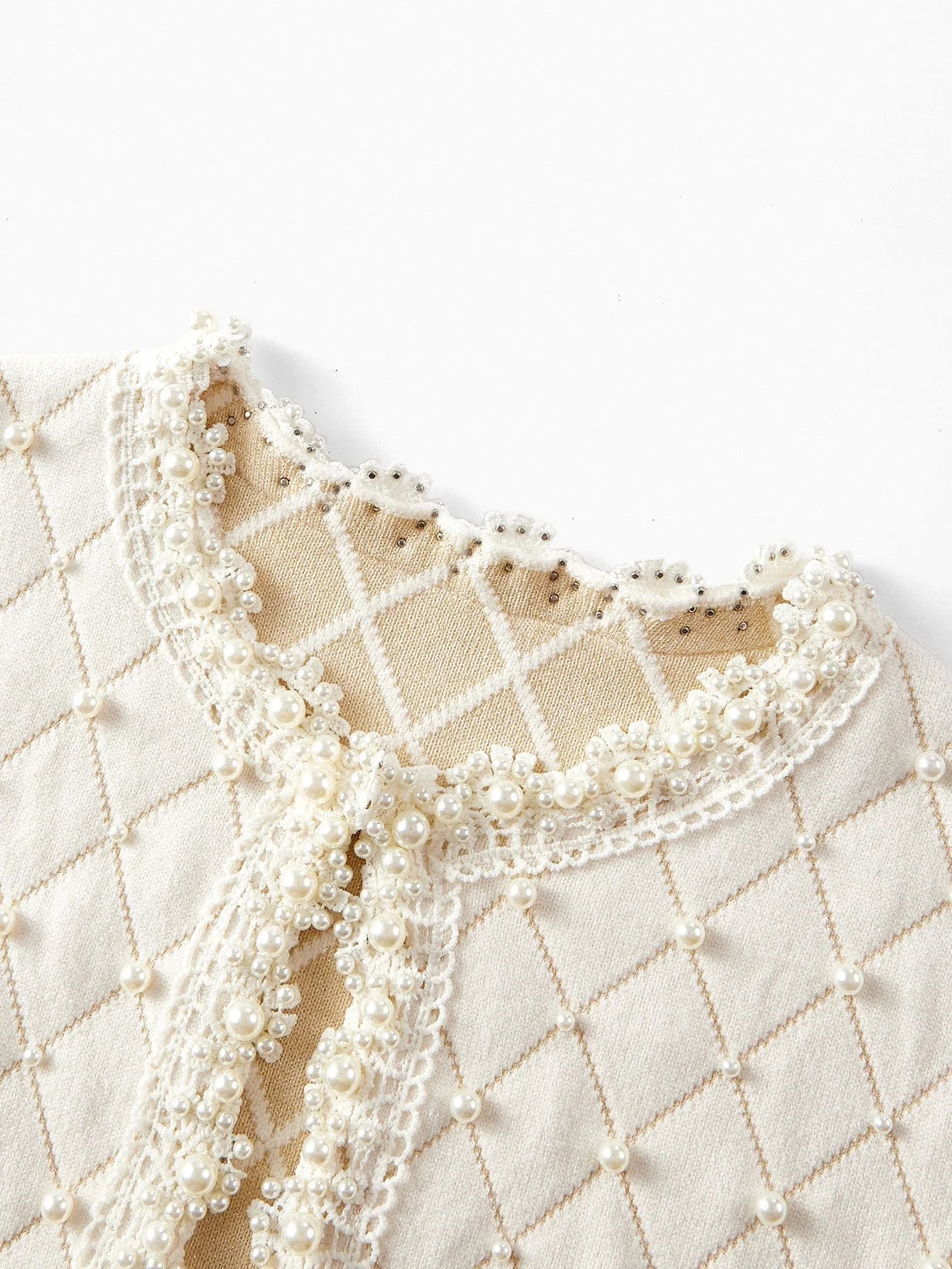 PREMIUM ARGYLE PATTERN FAUX PEARLS CARDIGAN