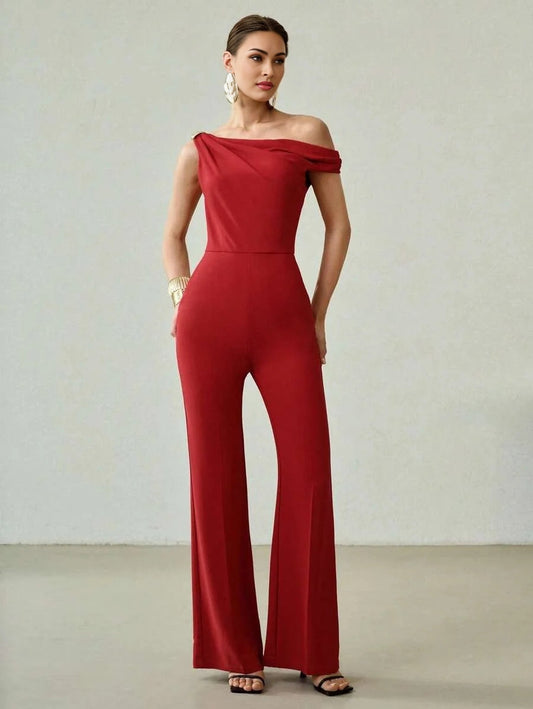 PREMIUM ASYMMETRICAL NECK METAL DETAIL JUMPSUIT