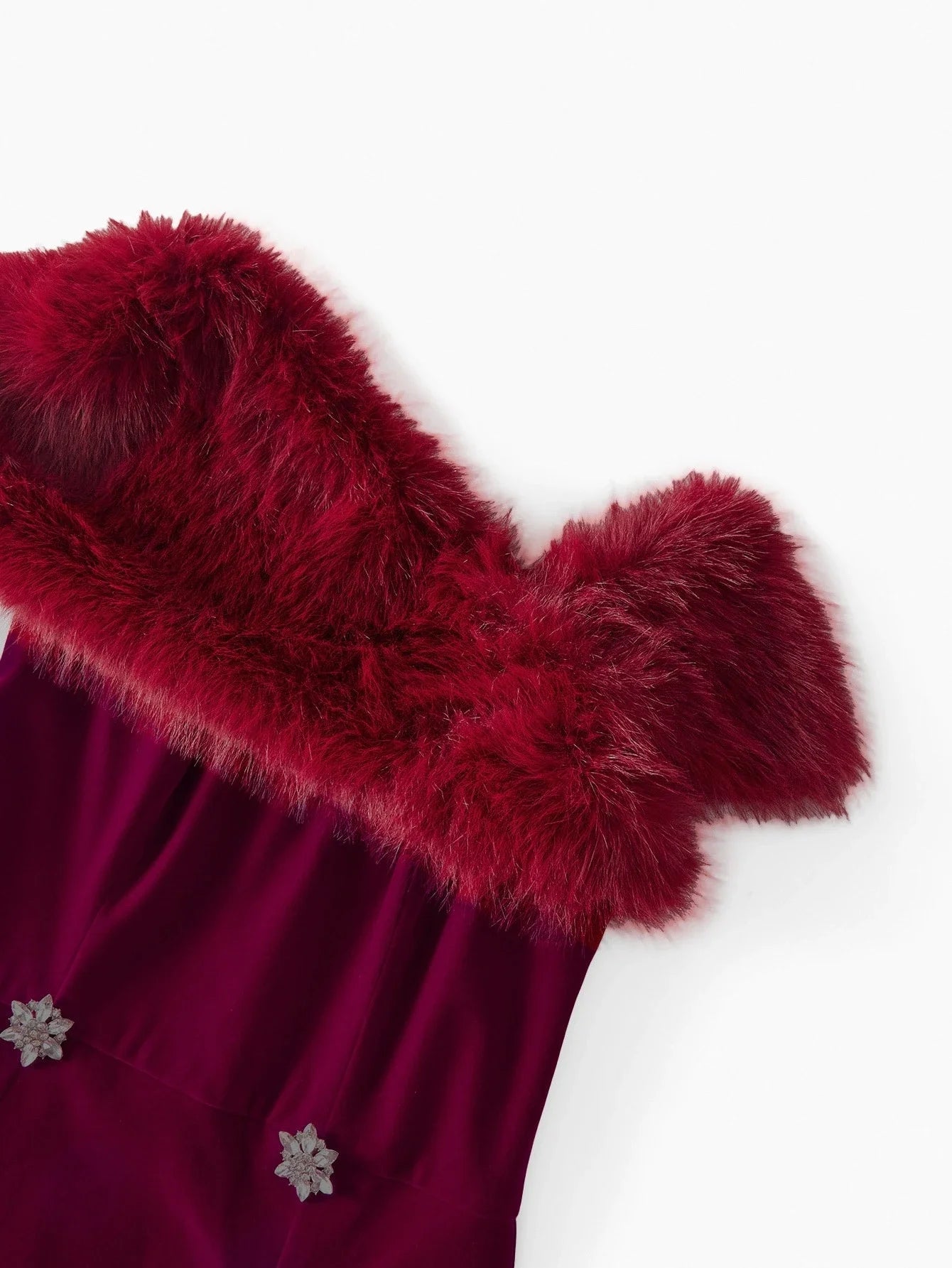 PREMIUM ASYMMETRICAL SHOULDER FAUX FUR COLLAR WAIST RHINESTONE BUCKLE DECOR VELVET SHORT DRESS