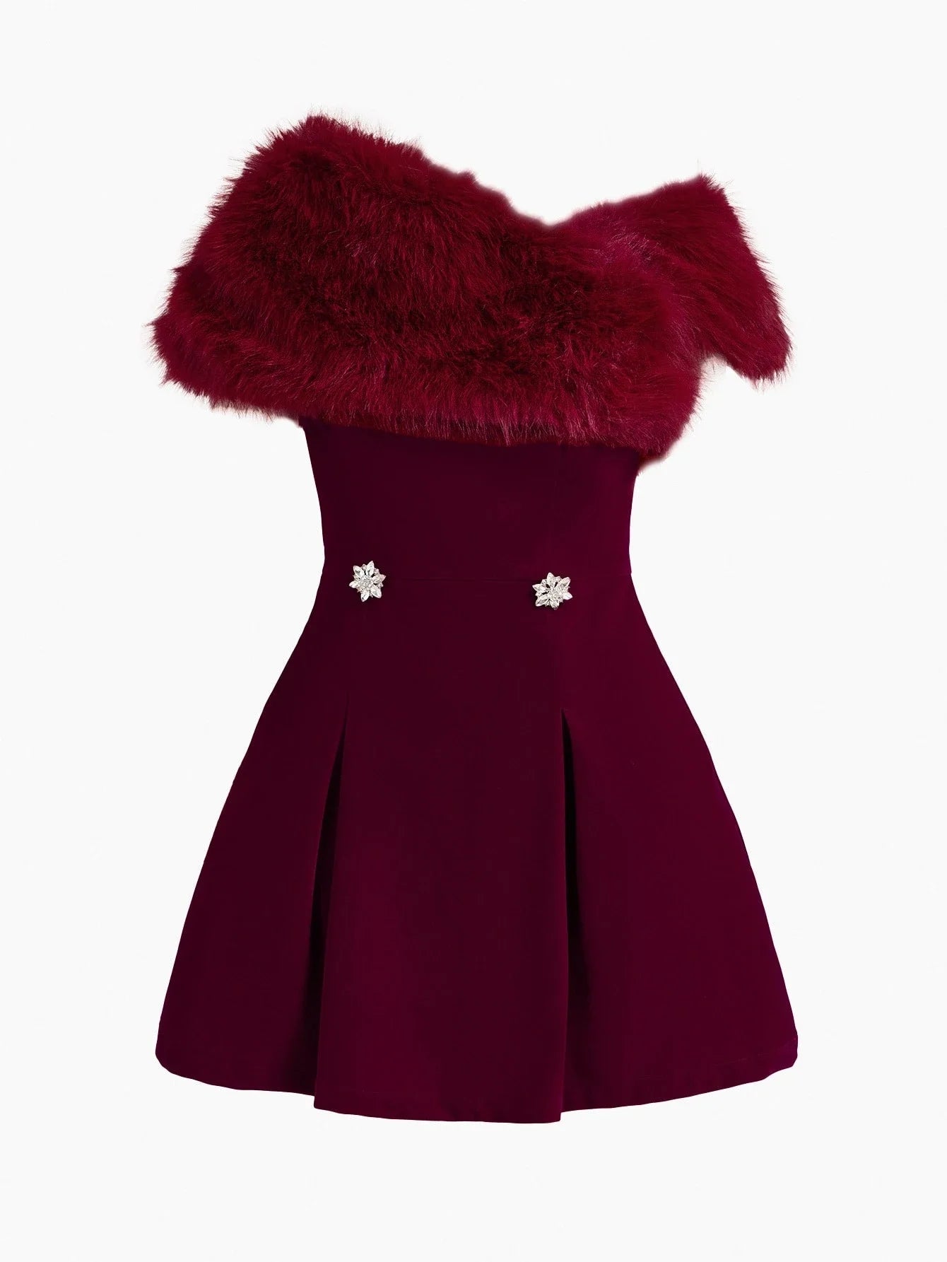 PREMIUM ASYMMETRICAL SHOULDER FAUX FUR COLLAR WAIST RHINESTONE BUCKLE DECOR VELVET SHORT DRESS