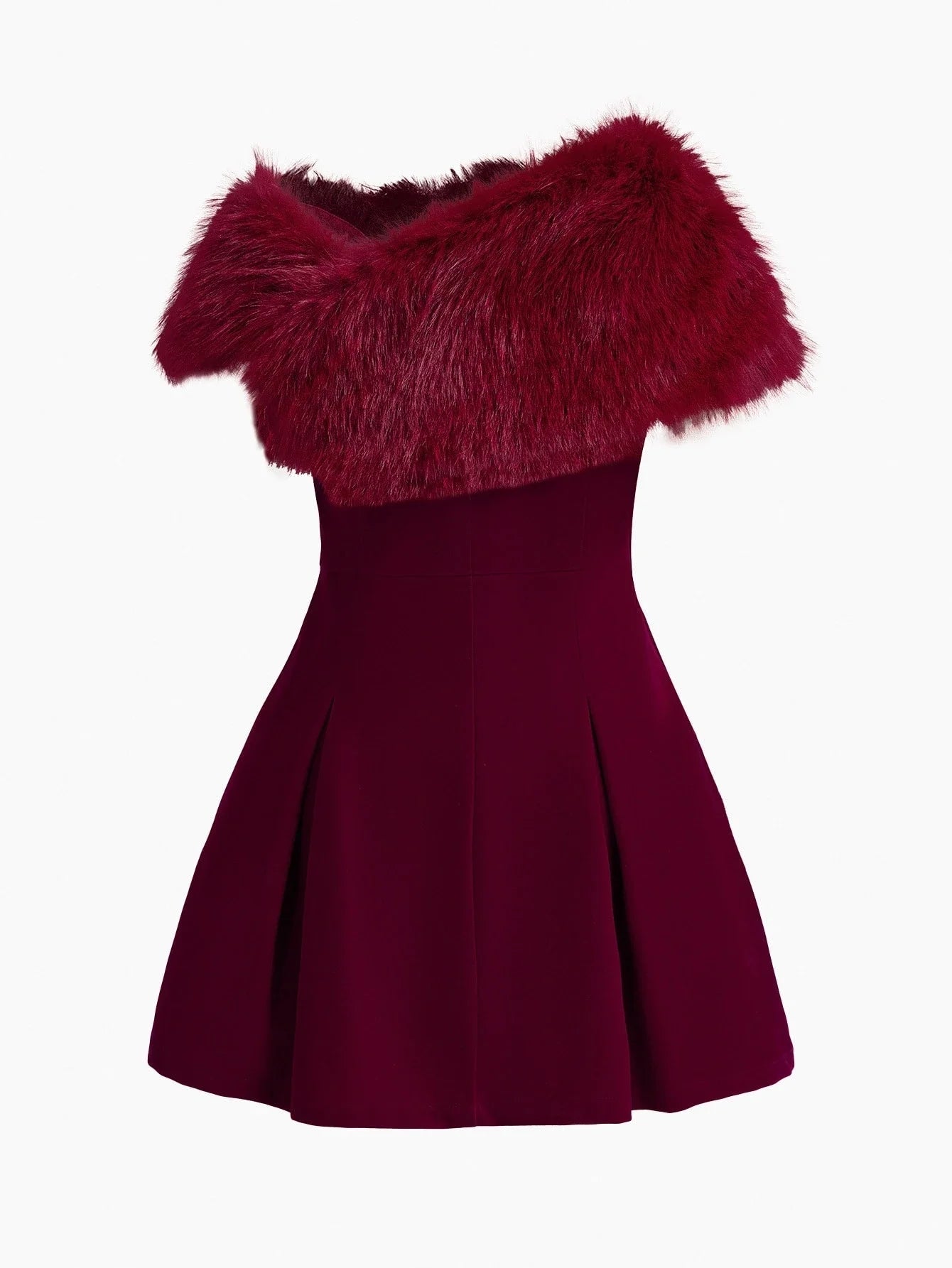 PREMIUM ASYMMETRICAL SHOULDER FAUX FUR COLLAR WAIST RHINESTONE BUCKLE DECOR VELVET SHORT DRESS