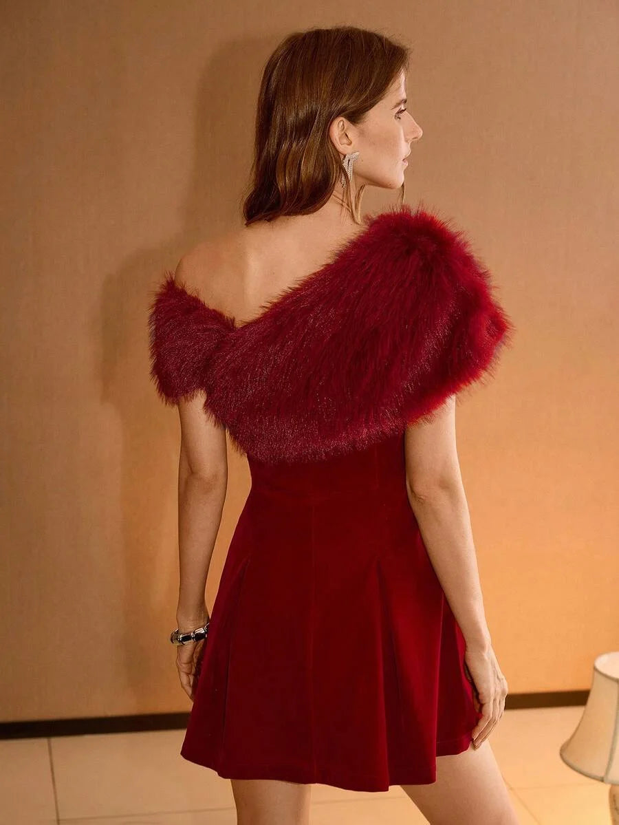 PREMIUM ASYMMETRICAL SHOULDER FAUX FUR COLLAR WAIST RHINESTONE BUCKLE DECOR VELVET SHORT DRESS