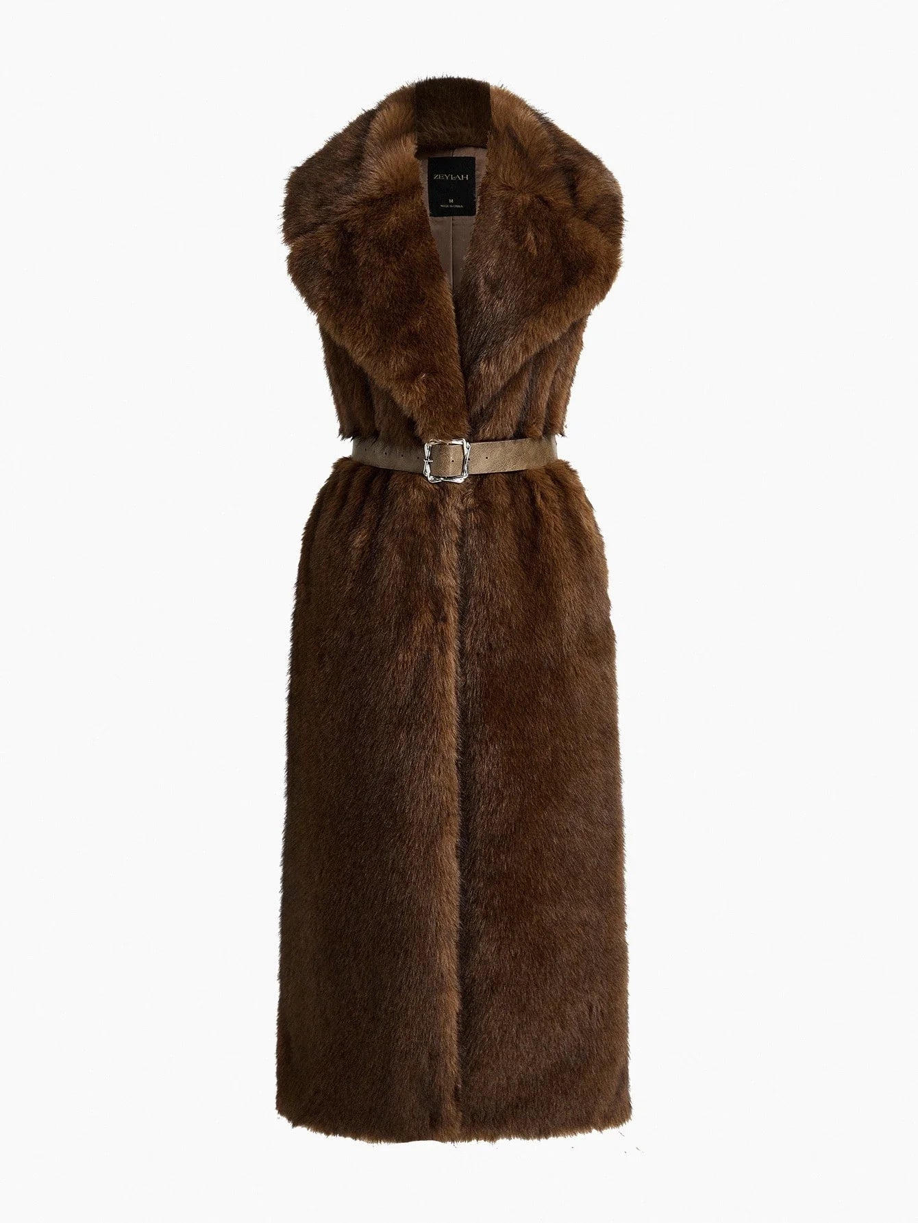 PREMIUM AUTUMNWINTER FAUX FUR LAPEL LONG COAT WITH BUCKLE BELT