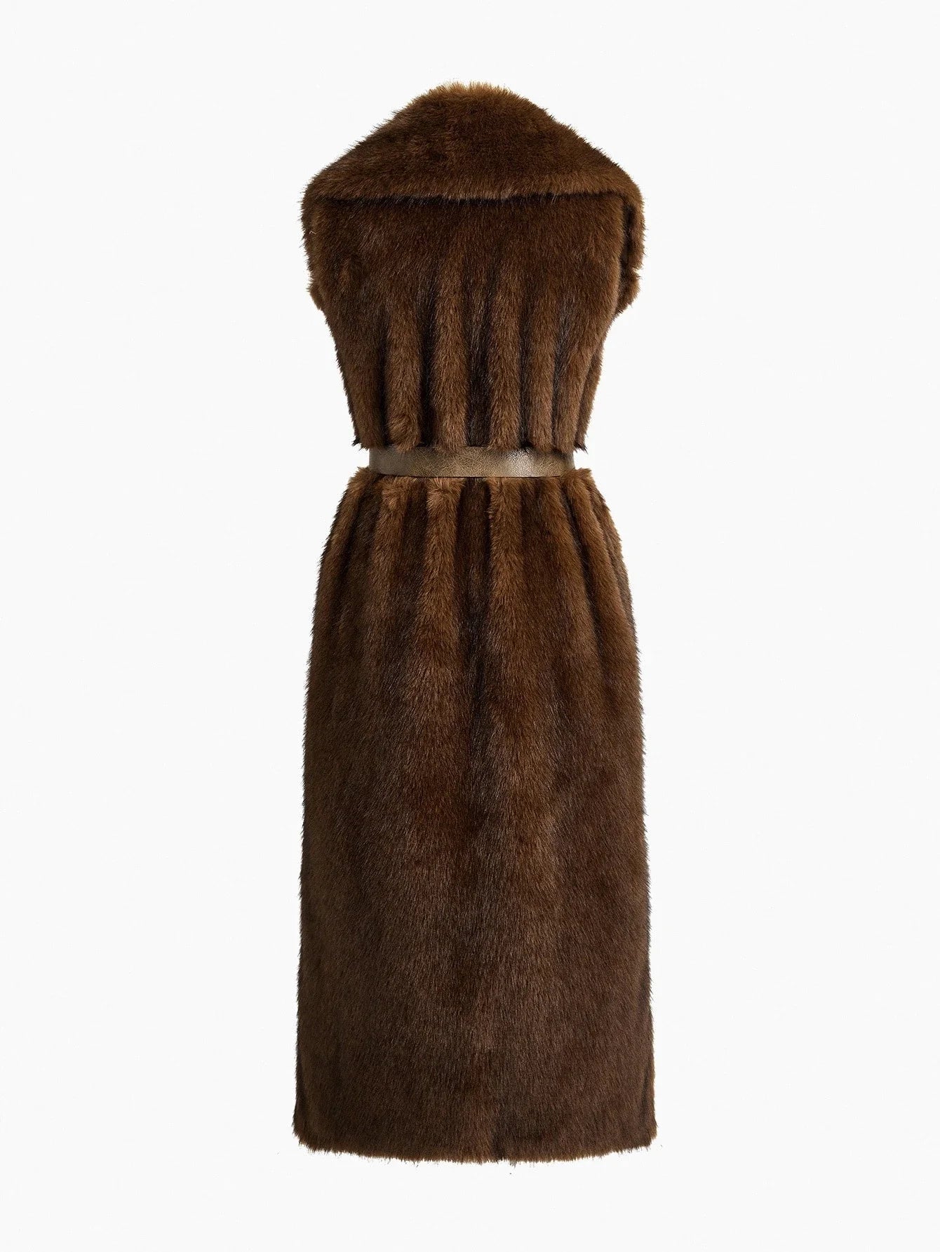 PREMIUM AUTUMNWINTER FAUX FUR LAPEL LONG COAT WITH BUCKLE BELT