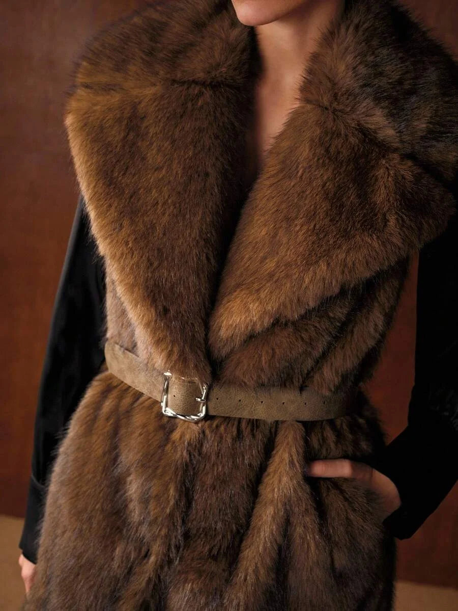 PREMIUM AUTUMNWINTER FAUX FUR LAPEL LONG COAT WITH BUCKLE BELT