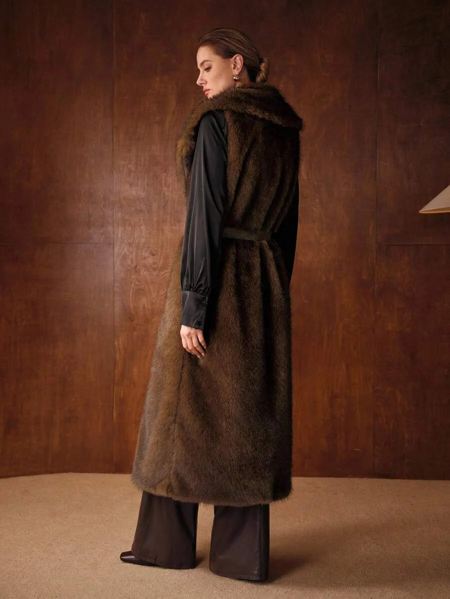 PREMIUM AUTUMNWINTER FAUX FUR LAPEL LONG COAT WITH BUCKLE BELT