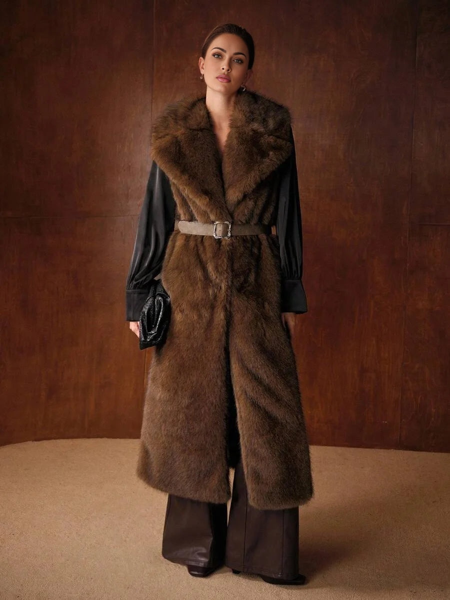 PREMIUM AUTUMNWINTER FAUX FUR LAPEL LONG COAT WITH BUCKLE BELT
