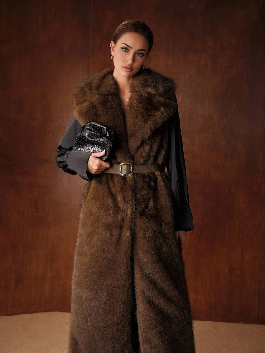 PREMIUM AUTUMNWINTER FAUX FUR LAPEL LONG COAT WITH BUCKLE BELT