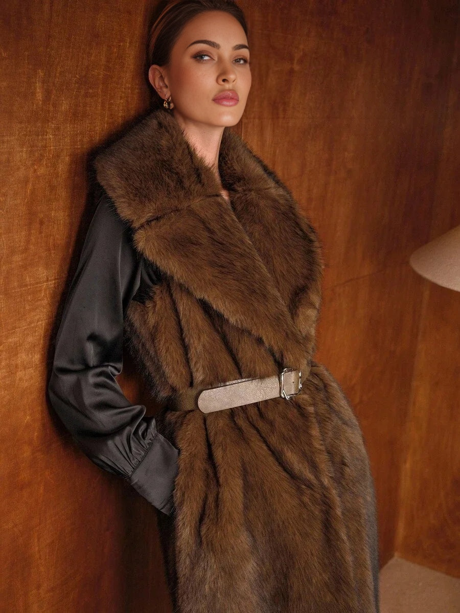 PREMIUM AUTUMNWINTER FAUX FUR LAPEL LONG COAT WITH BUCKLE BELT