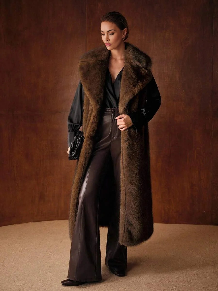 PREMIUM AUTUMNWINTER FAUX FUR LAPEL LONG COAT WITH BUCKLE BELT