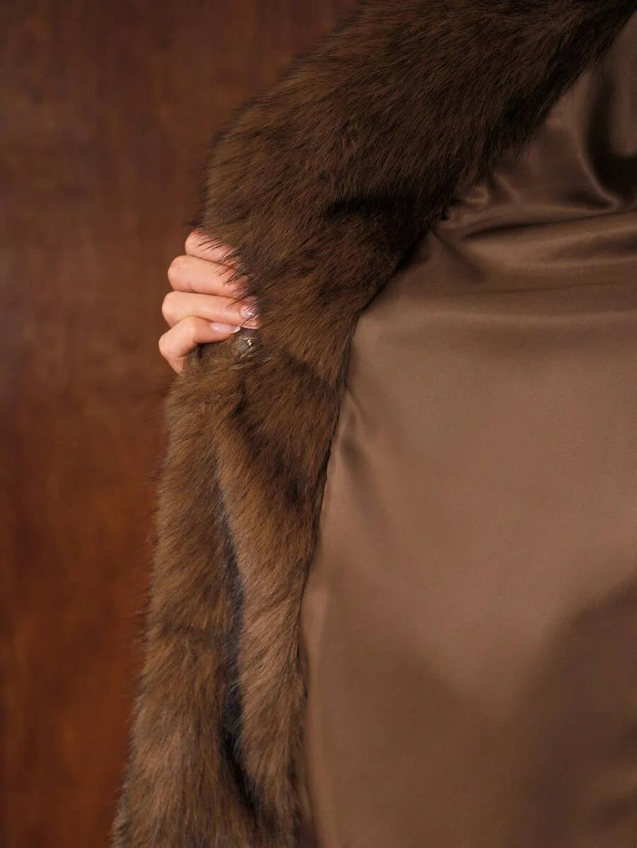 PREMIUM AUTUMNWINTER FAUX FUR LAPEL LONG COAT WITH BUCKLE BELT