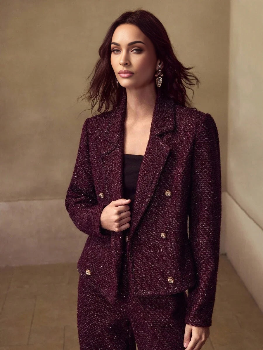 PREMIUM AUTUMNWINTER FRENCH STYLE CHIC TWEED LAPEL COLLAR LONG SLEEVE FITTED SHORT WOMENS BLAZER