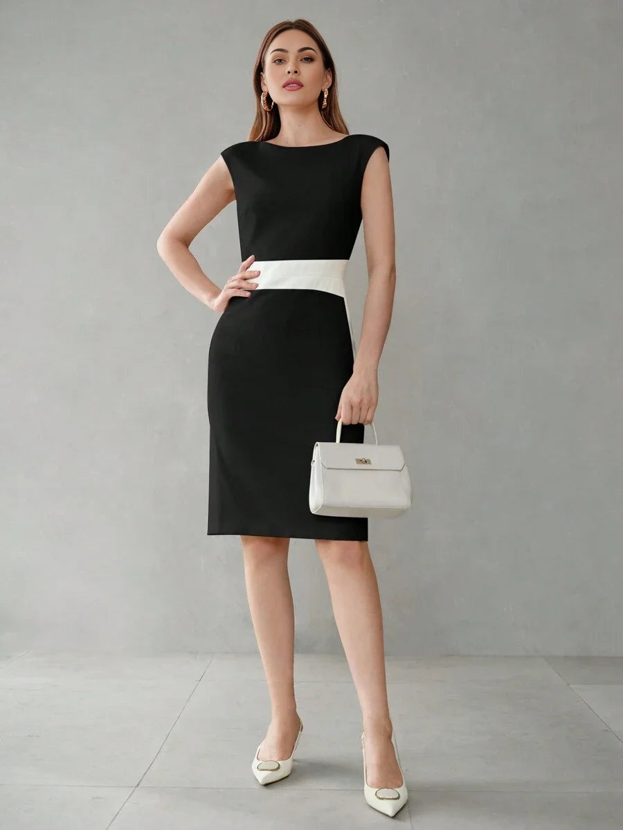 PREMIUM BATWING CAP SLEEVE COLORBLOCK MIDI DRESS