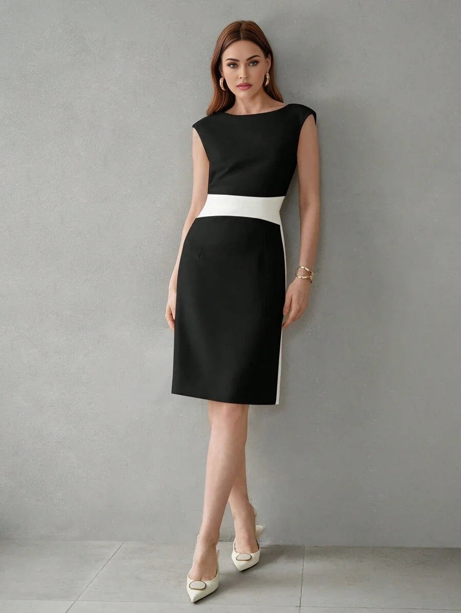 PREMIUM BATWING CAP SLEEVE COLORBLOCK MIDI DRESS