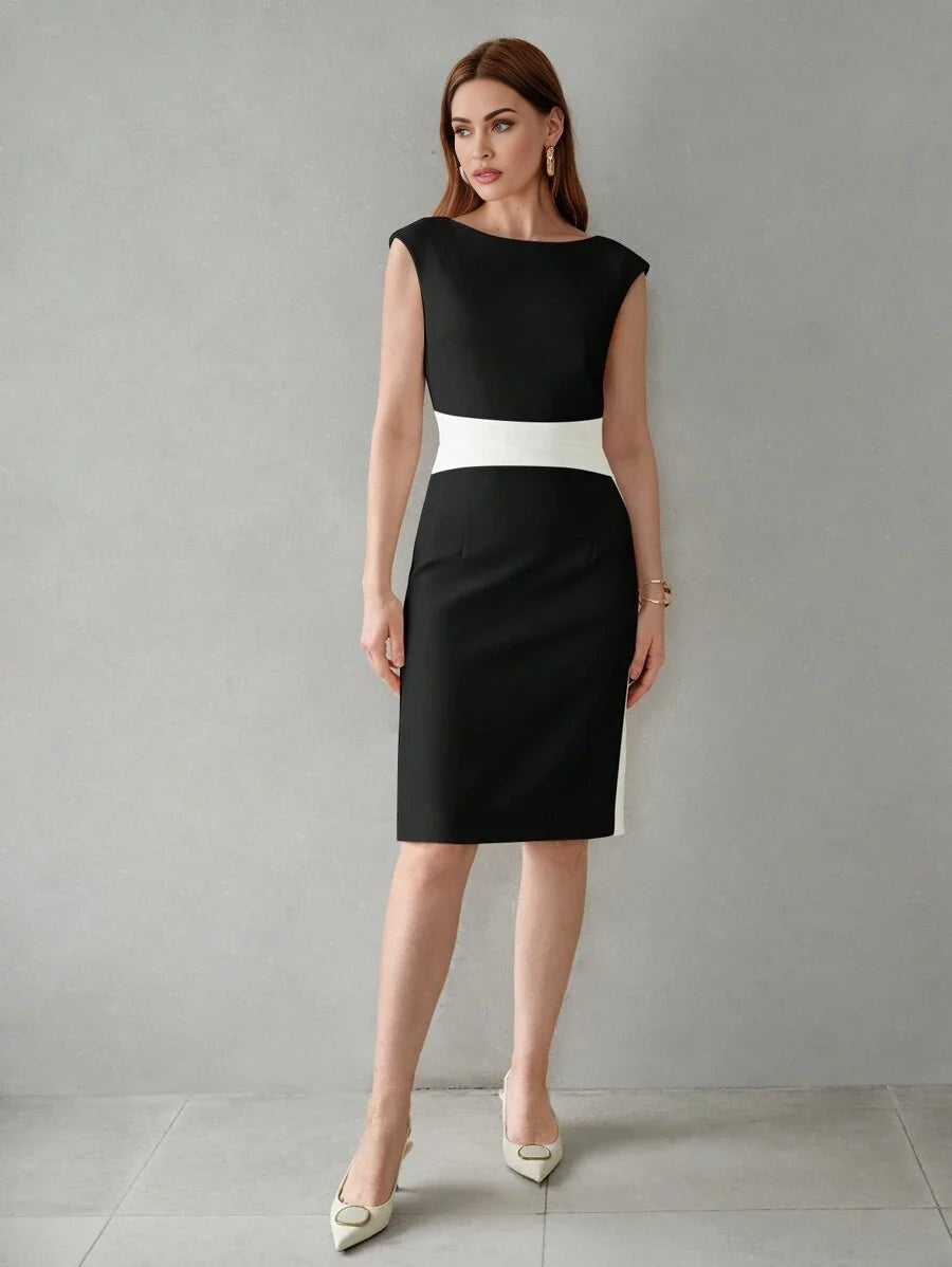 PREMIUM BATWING CAP SLEEVE COLORBLOCK MIDI DRESS