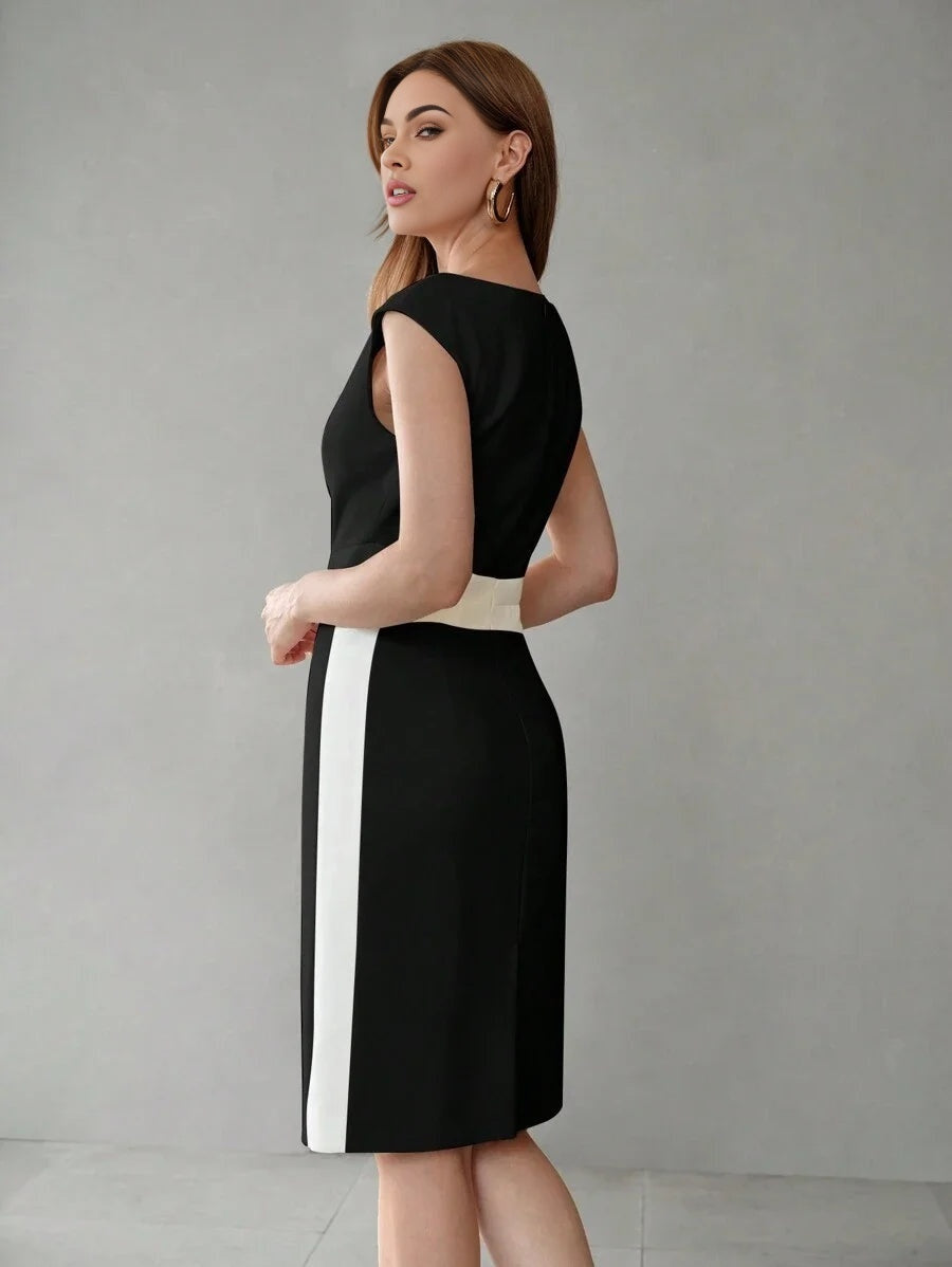 PREMIUM BATWING CAP SLEEVE COLORBLOCK MIDI DRESS