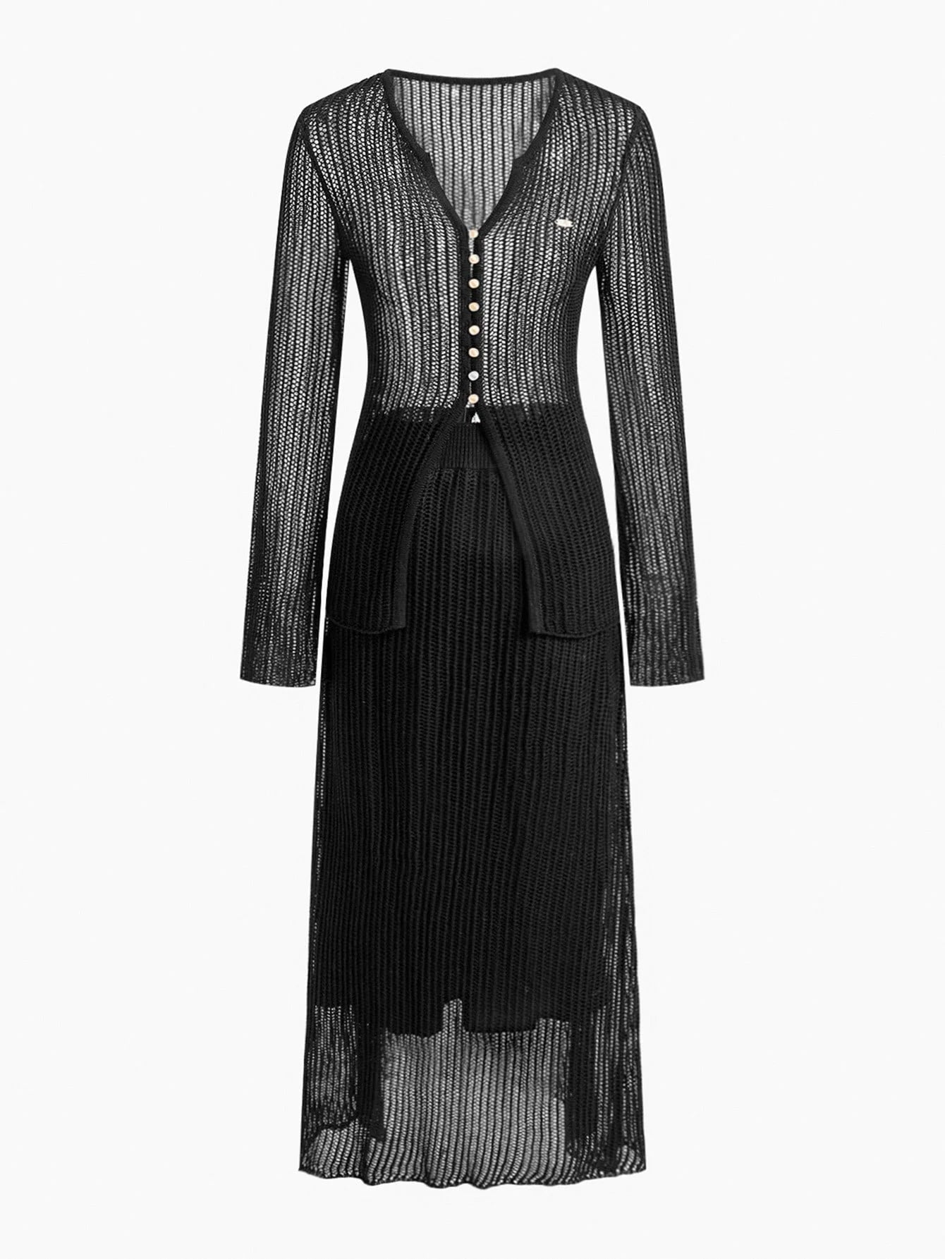 PREMIUM BELL SLEEVE SHEER BUTTON UP TOP amp SKIRT SWEATER SET