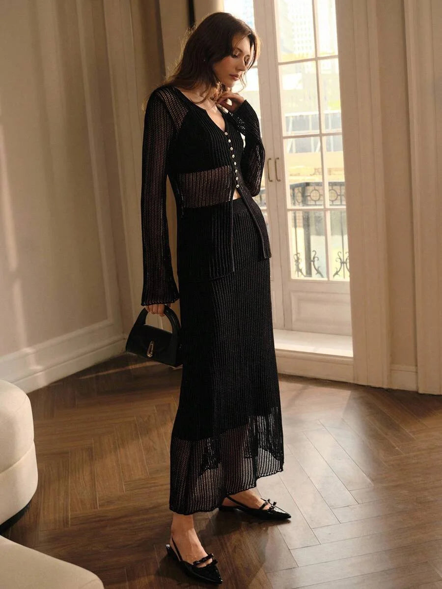 PREMIUM BELL SLEEVE SHEER BUTTON UP TOP amp SKIRT SWEATER SET