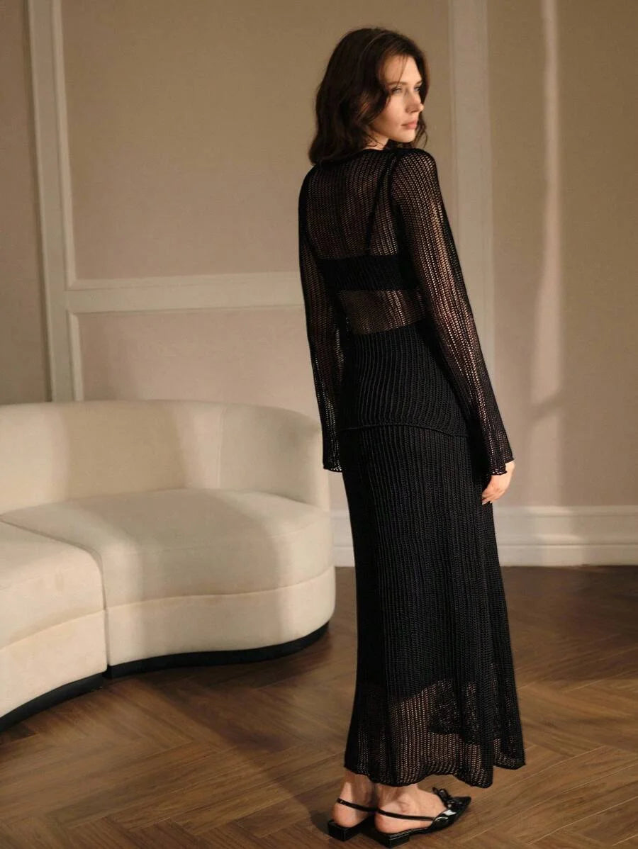 PREMIUM BELL SLEEVE SHEER BUTTON UP TOP amp SKIRT SWEATER SET