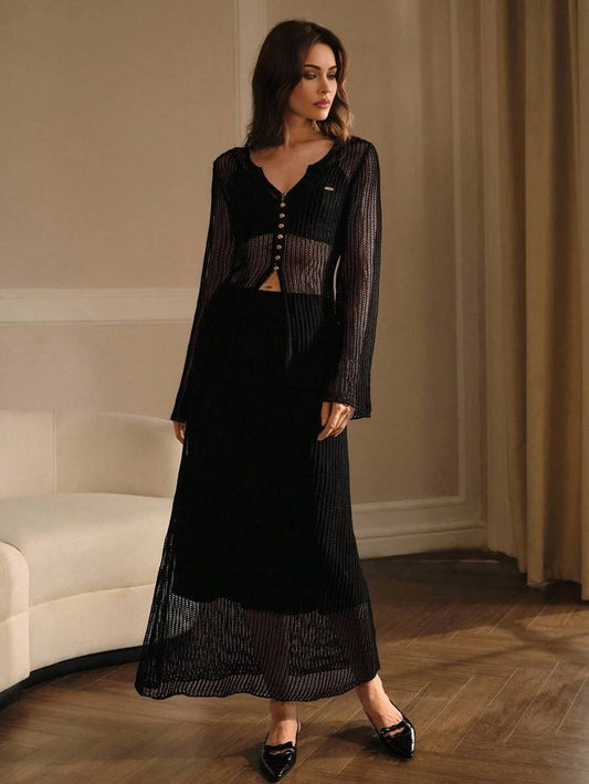 PREMIUM BELL SLEEVE SHEER BUTTON UP TOP amp SKIRT SWEATER SET