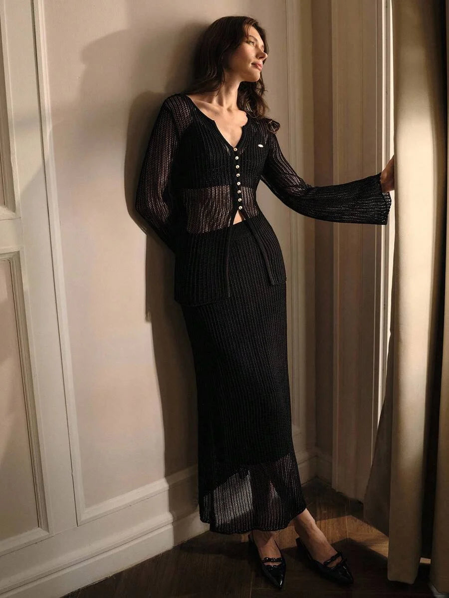 PREMIUM BELL SLEEVE SHEER BUTTON UP TOP amp SKIRT SWEATER SET