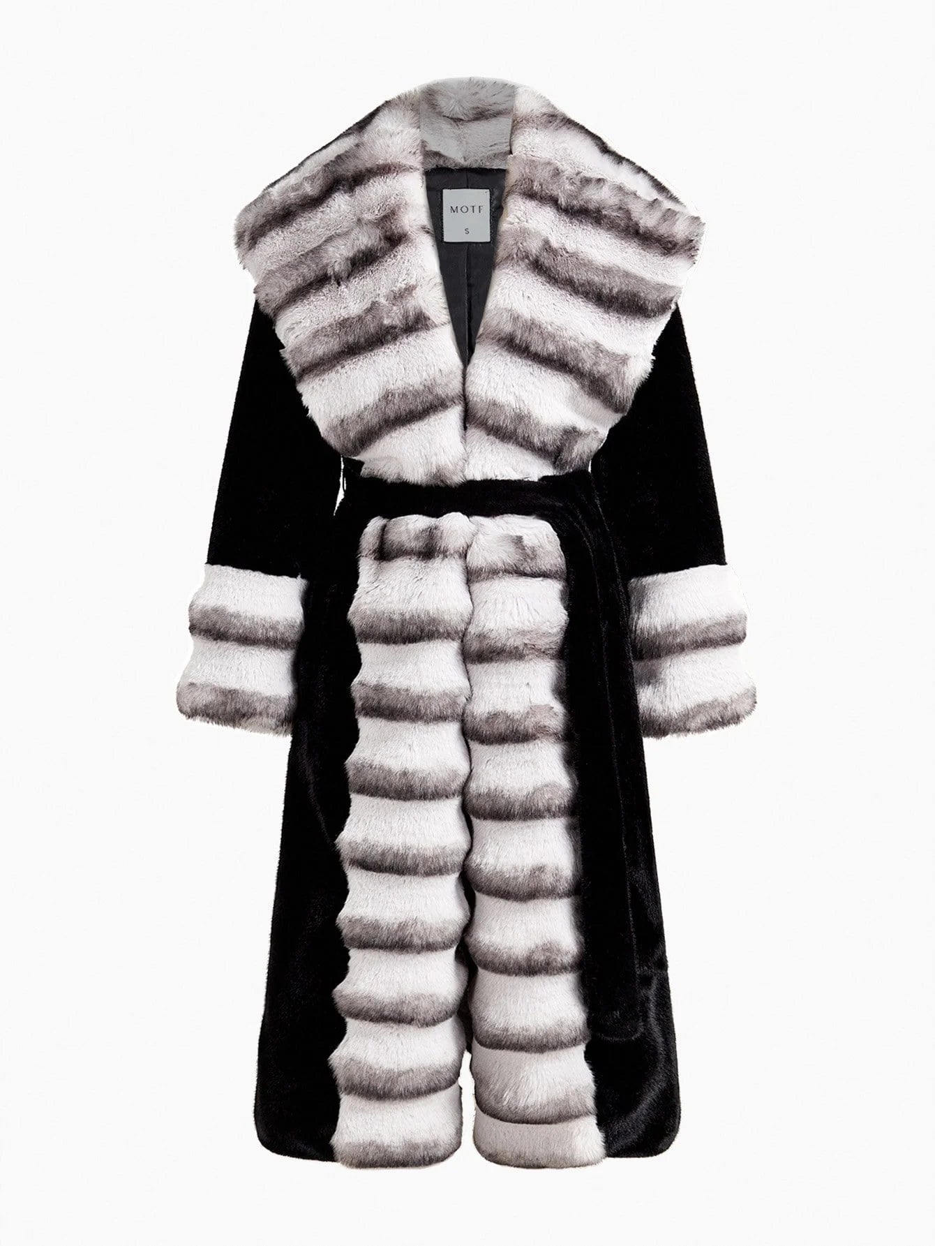 PREMIUM BELTED COLORBLOCK FAUX FUR COAT