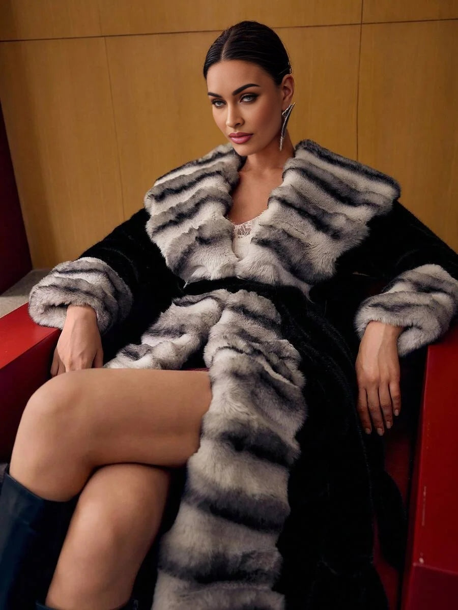 PREMIUM BELTED COLORBLOCK FAUX FUR COAT