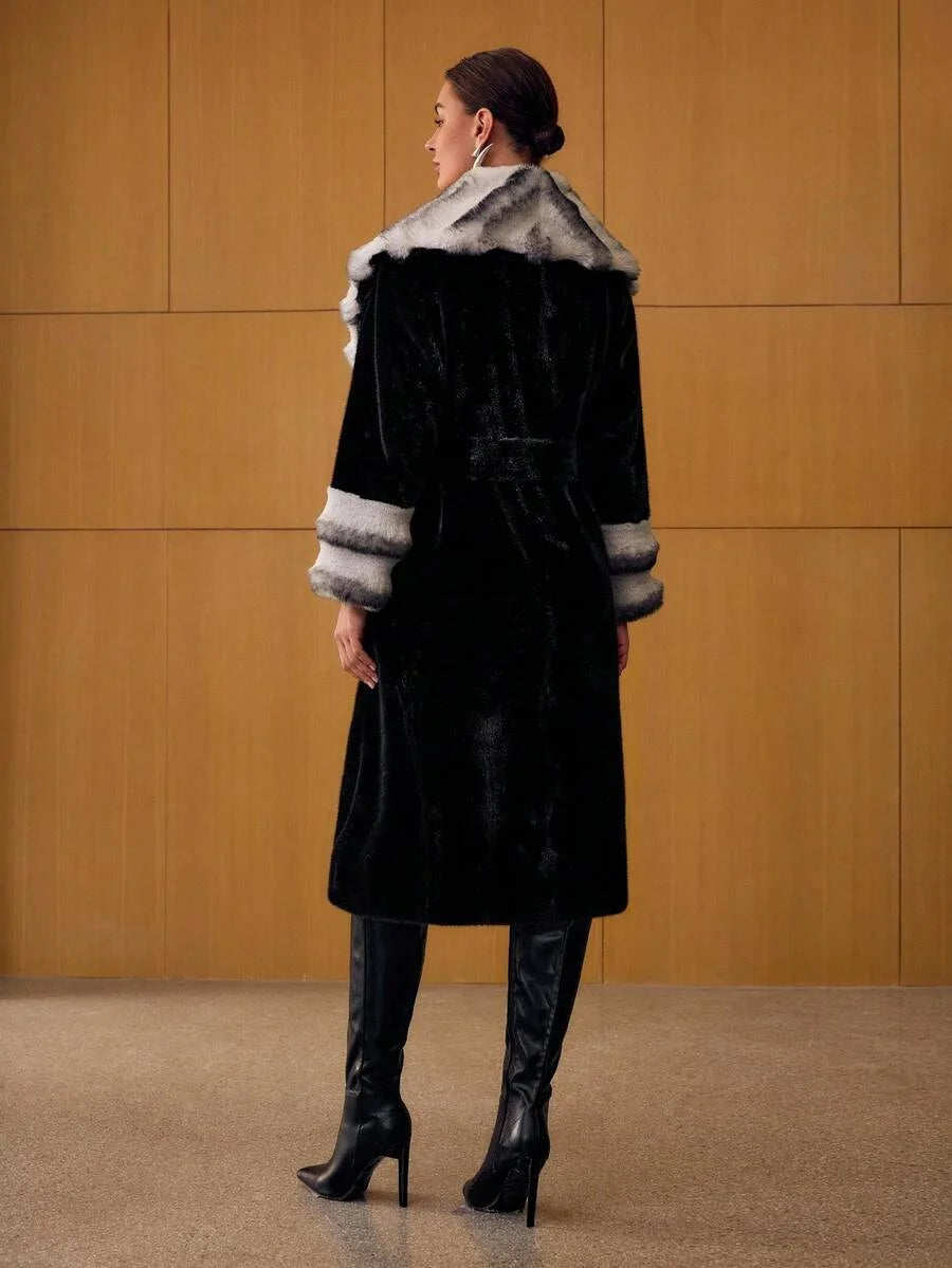 PREMIUM BELTED COLORBLOCK FAUX FUR COAT
