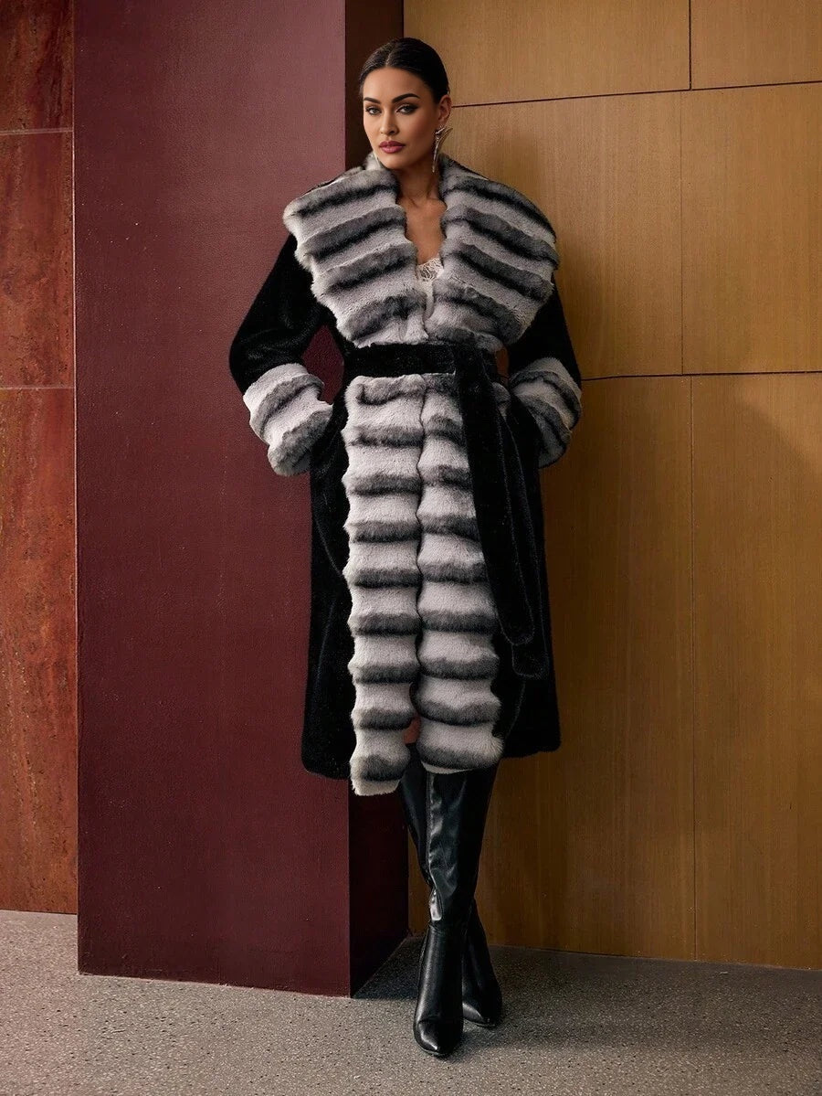 PREMIUM BELTED COLORBLOCK FAUX FUR COAT