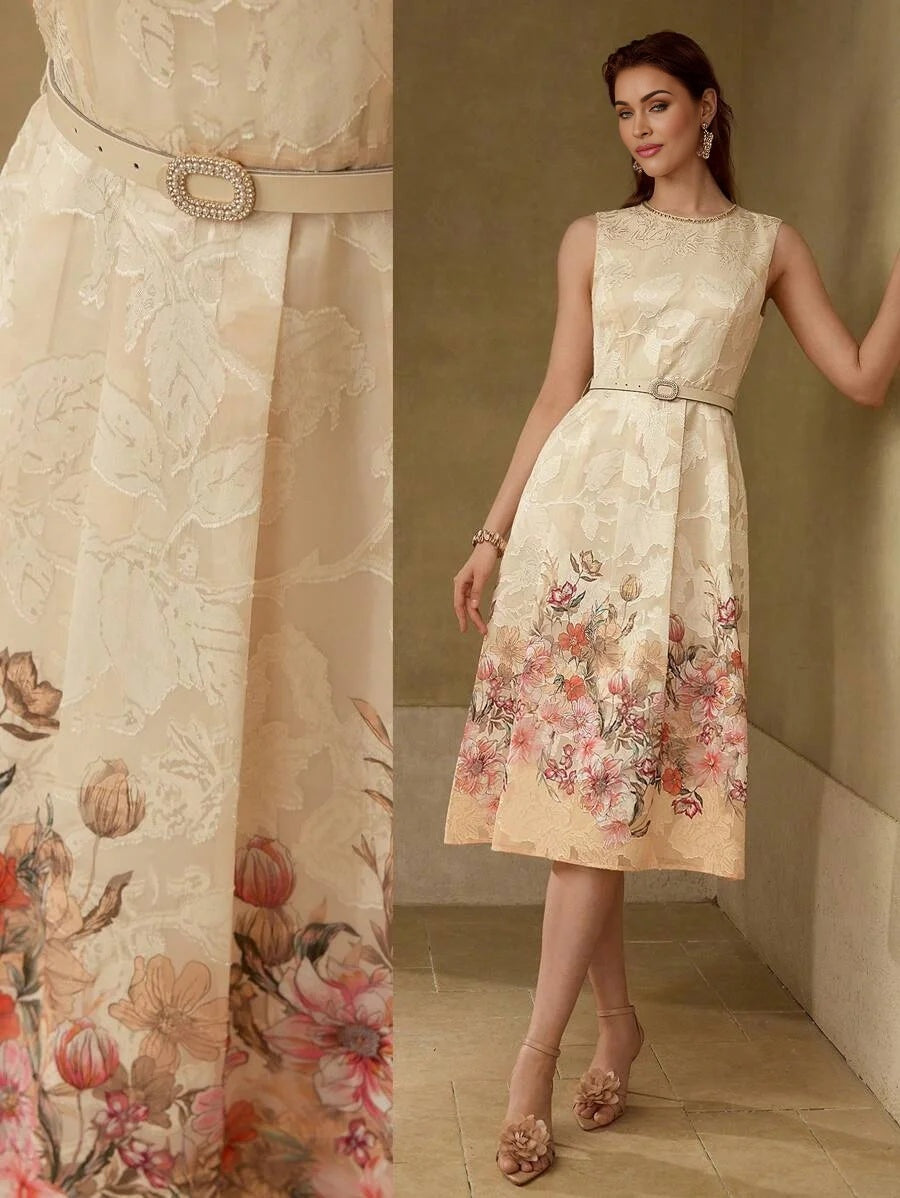 PREMIUM BELTED FLORAL PRINT DRESS