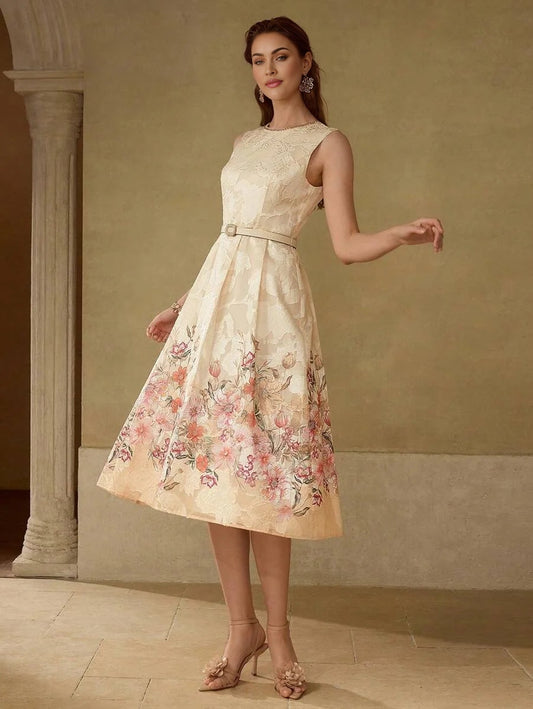 PREMIUM BELTED FLORAL PRINT DRESS