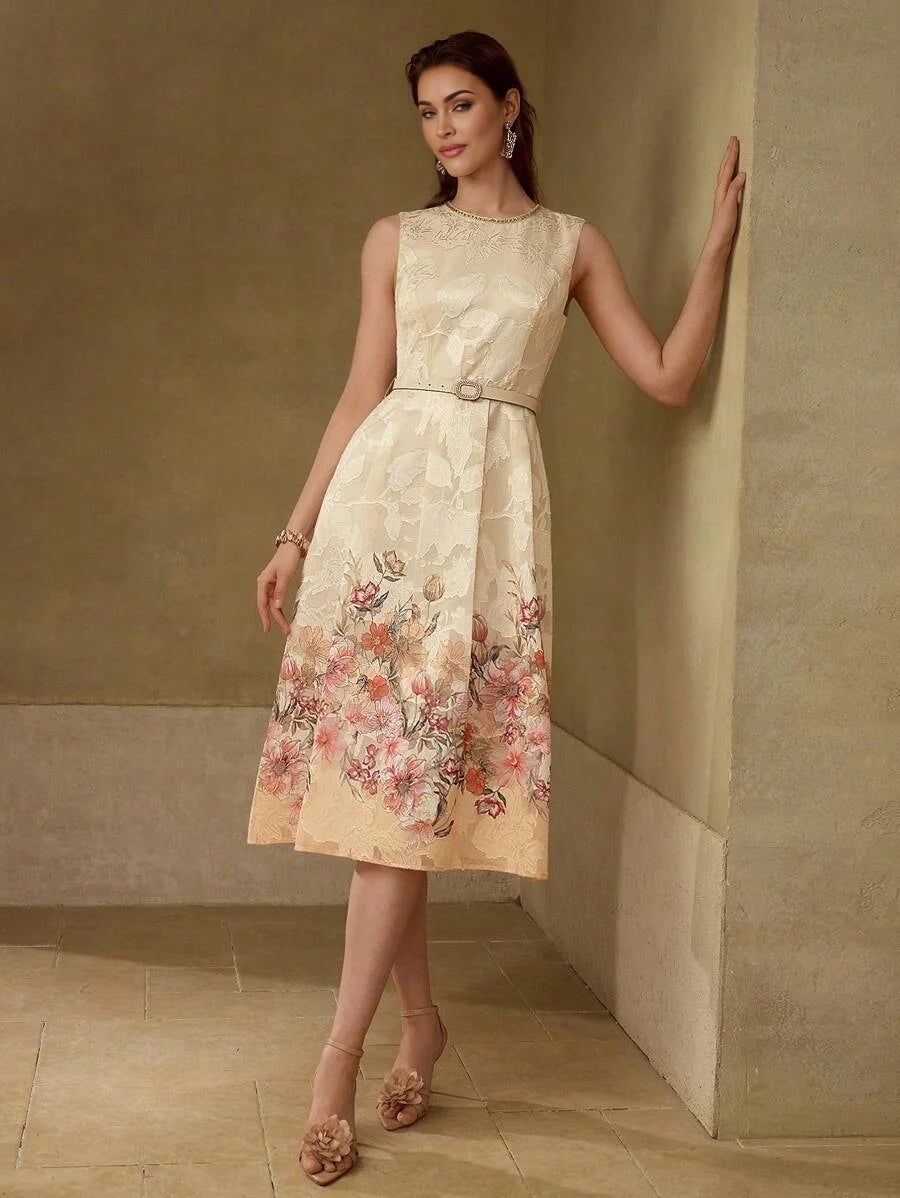 PREMIUM BELTED FLORAL PRINT DRESS