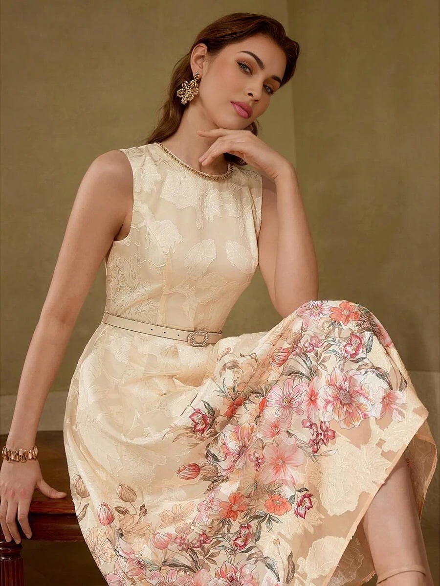 PREMIUM BELTED FLORAL PRINT DRESS