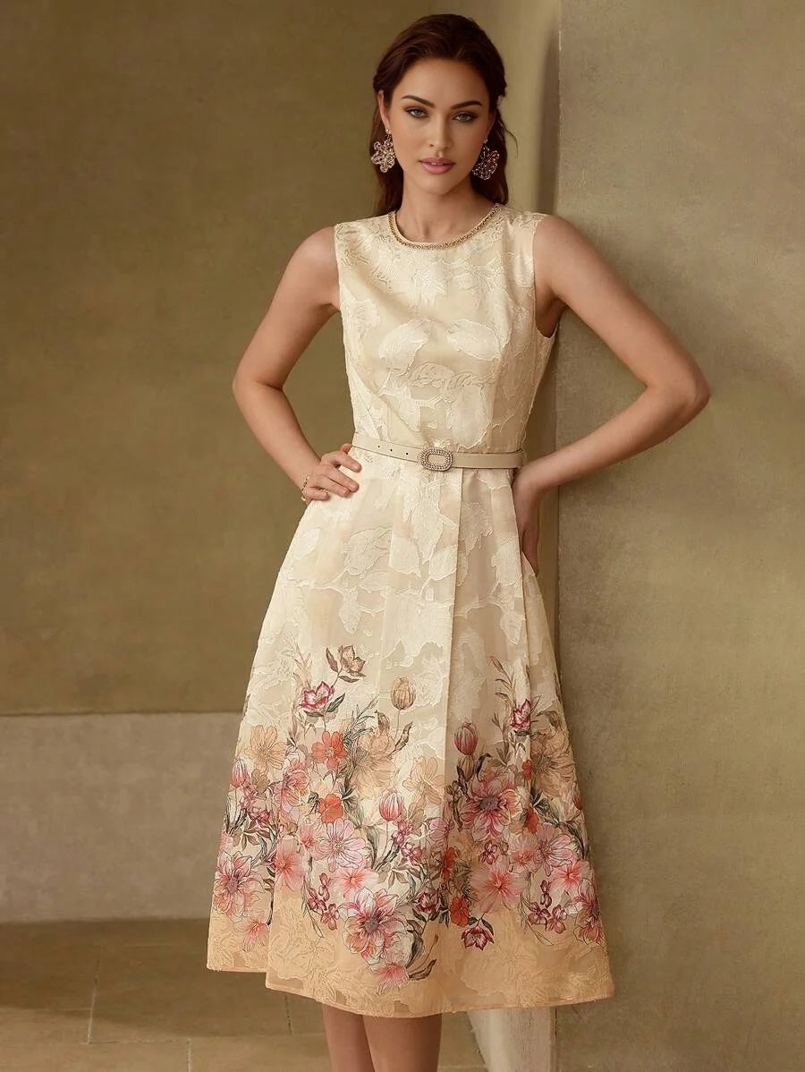 PREMIUM BELTED FLORAL PRINT DRESS